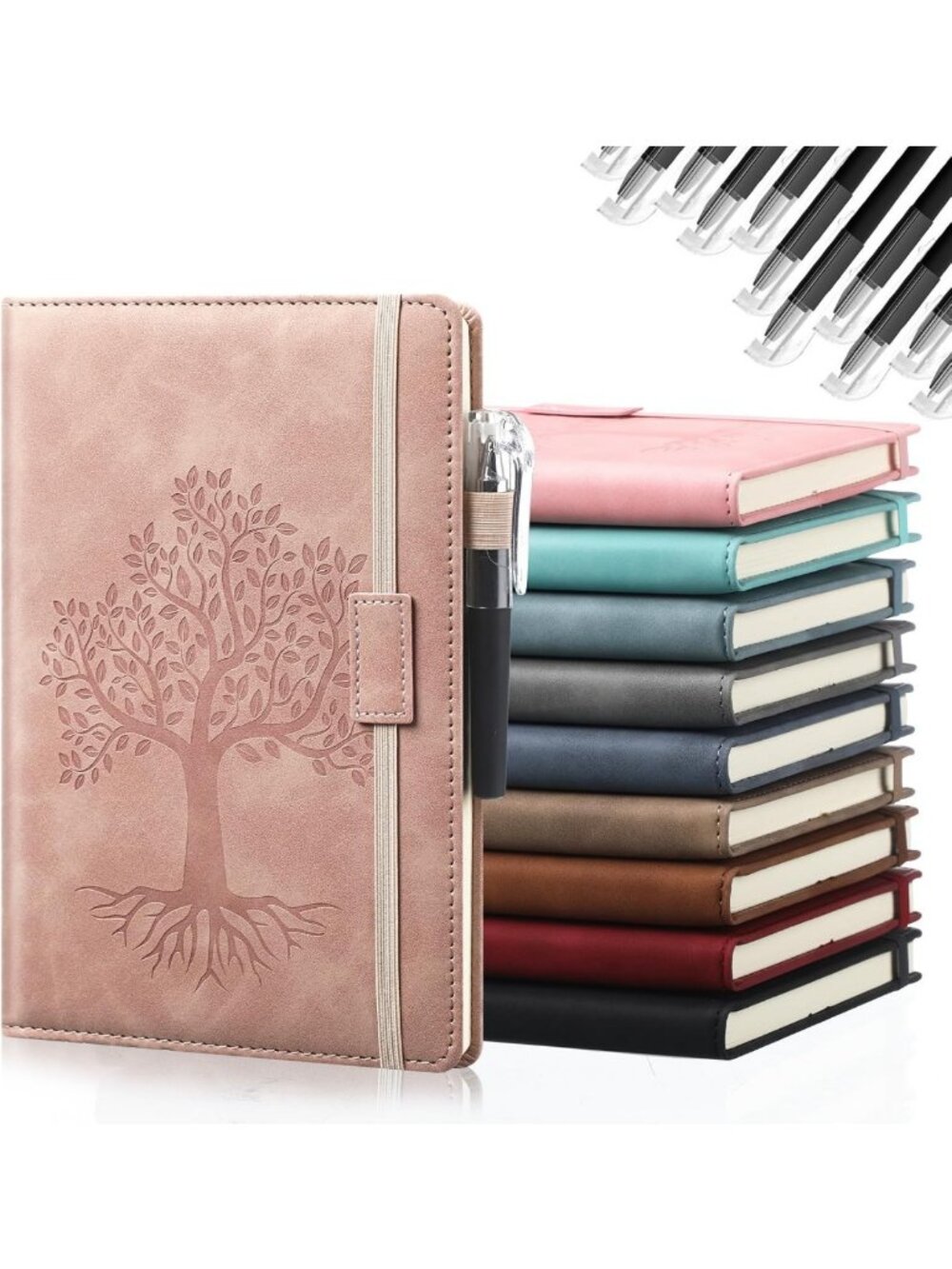10 Pack A5 Lined Journals with Pens - Tree of Life Hardcover Notebooks for